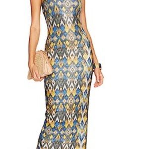 Luli Fama Blue and Gold Patterned Maxi Dress